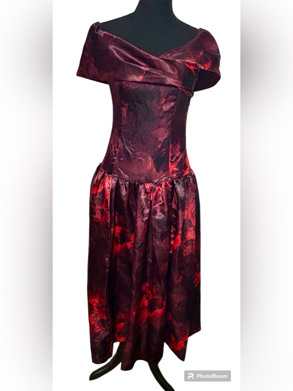 VTG 90s McCall's Pattern 6035 Red Black Floral Jacquard Drop Waist Dress SZ 8